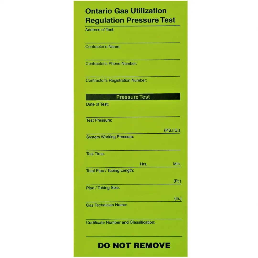 Gas Pressure Test Tags - Fluorescent Green Gas Pressure Test Tags - Fluorescent Green