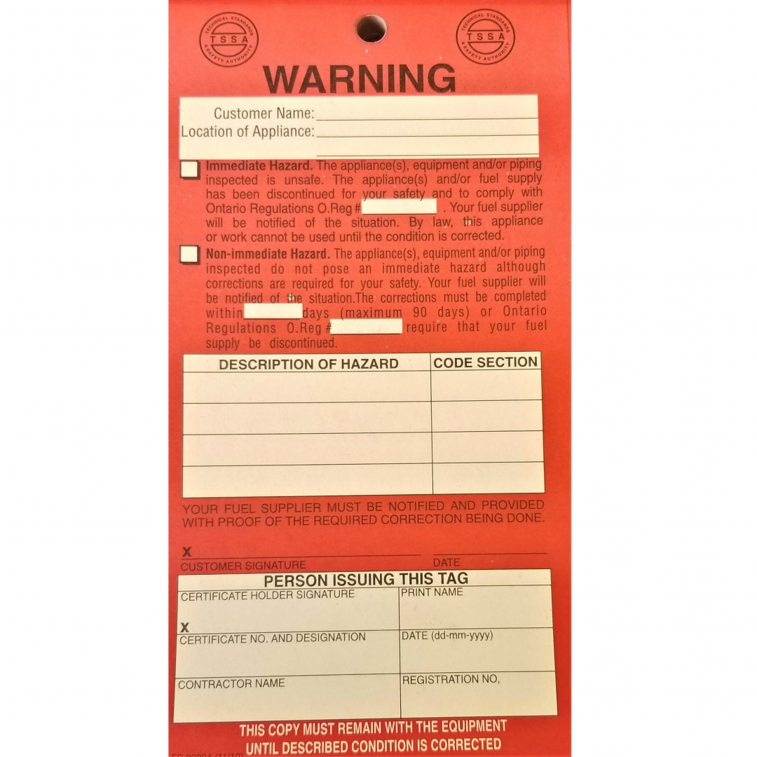 TSSA Red Warning Gas Pressure Test Tags - 25 Book