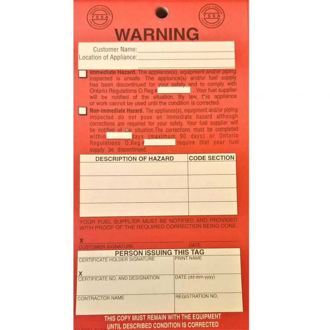 TSSA Red Warning Gas Pressure Test Tags - 25 Book