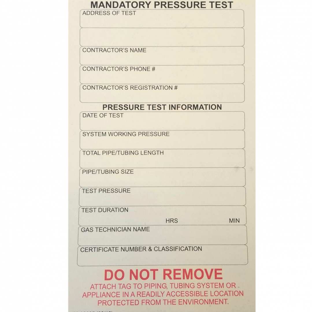 TSSA Gas Pressure Test Tags - 25 Book