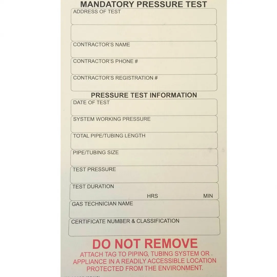TSSA Gas Pressure Test Tags - 25 Book TSSA Gas Pressure Test Tags - 25 Book